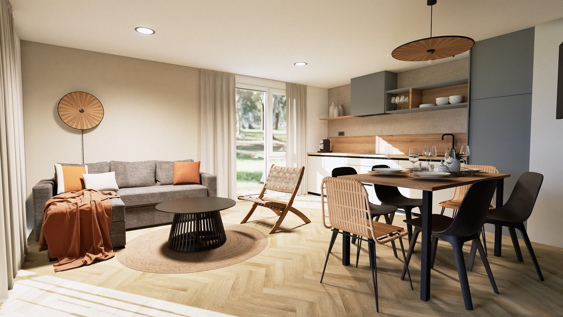 Modernes Wohnzimmer in einer luxuriösen Glamping-Villa im Ferienresort Zaton. Zaton Holiday Resort