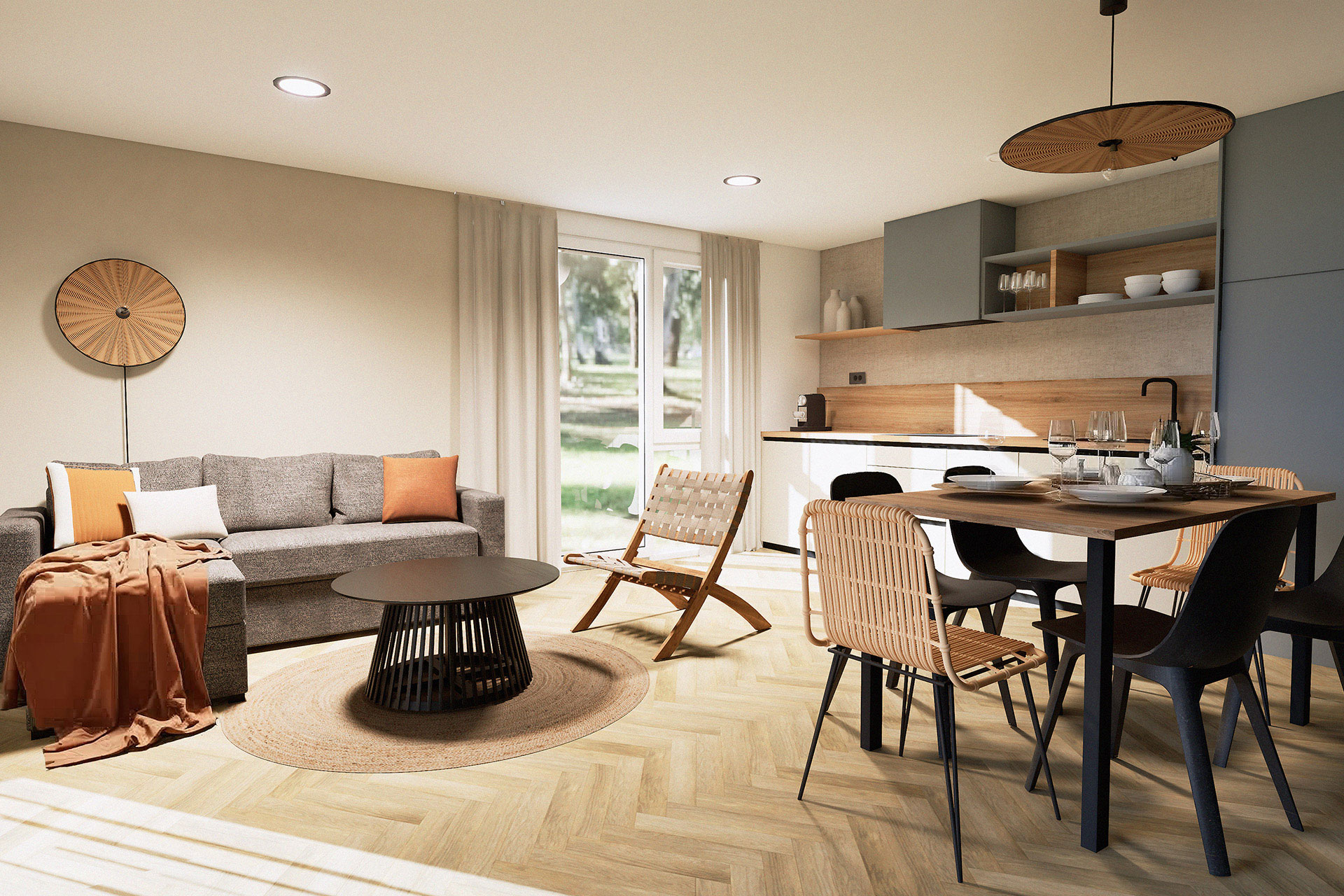 Nowoczesny przytulny salon w luksusowej willi glampingowej w Zaton Holiday Resort w Chorwacji Zaton Holiday Resort